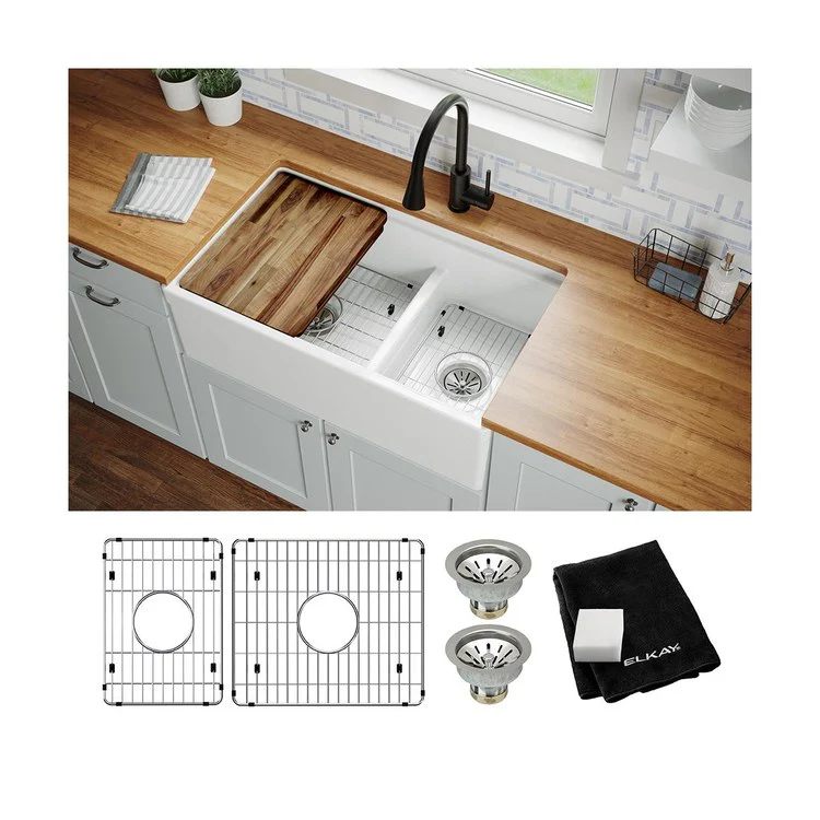 Sink Kit Fireclay Aqua Divide 33 x 20 Inch Double Bowl White One LKCB1217HW Cutting Board One LKBG1115SS Bottom Grid One LKBG1715SS Bottom Grid Two LK99FC Drains LKCLKIT Cleaning Kit - Frankwebs