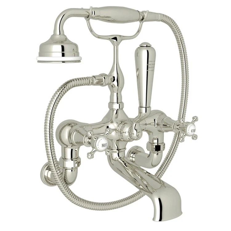 Tub Filler Georgian Era Exposed Wall Mount with Handshower 8 Inch Spread 3 Cross/Lever Fixed Spout Polished Chrome - Frankwebs