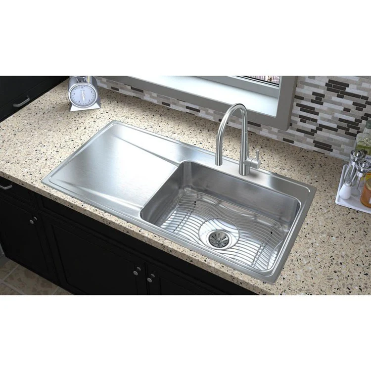 Kitchen Sink Lustertone Classic 43 x 22 Inch Single Bowl with Left Drainboard 1 Hole Lustrous Highlighted Satin Top Mount - Frankwebs