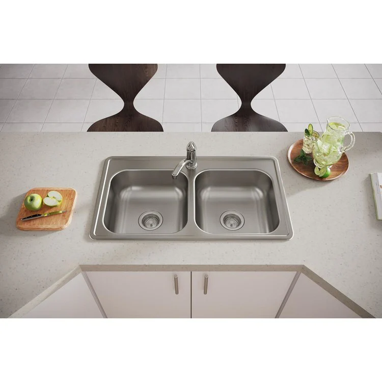 Kitchen Sink Dayton 33 x 19 Inch Double Bowl Equal 1 Hole ADA Satin Drop-In Rectangle Drain Location Center Depth 6-4/9 Inch Bottom Only Pads - Frankwebs