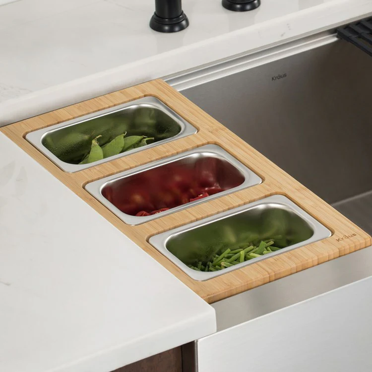 Workstation Kitchen Sink Serving Board Set with Rectangular Stainless Steel Bowls - Frankwebs