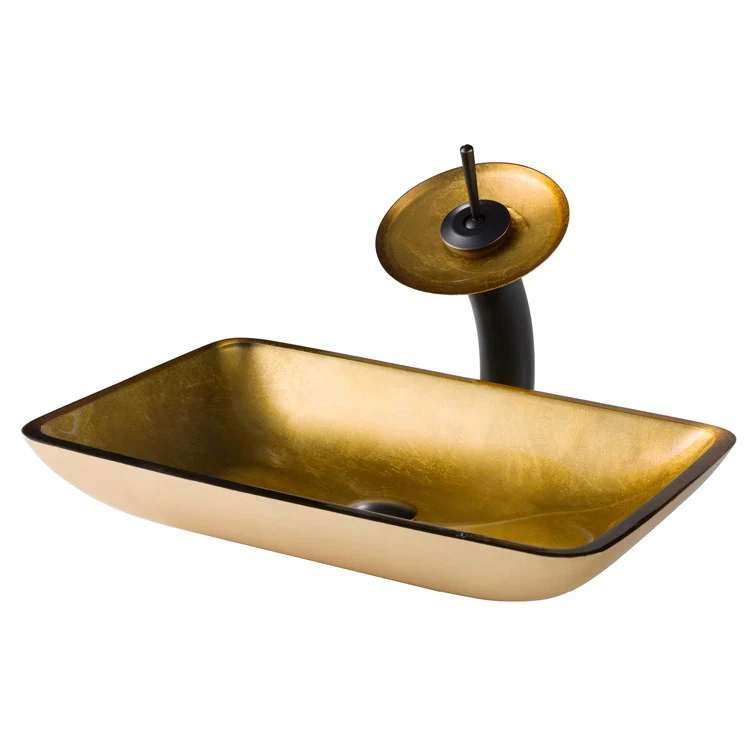 Rectangular Gold Glass Bathroom Vessel Sink and Waterfall Faucet Combo Set with Disk and Pop-Up Drain - Frankwebs