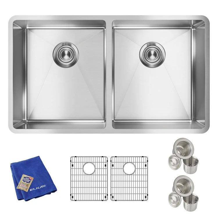 Sink Kit Crosstown 31.5 x 18.5 Inch Double Bowl Polished Satin Two Bottom Grids Two Deep Strainer Drains Cleanser Towel - Frankwebs