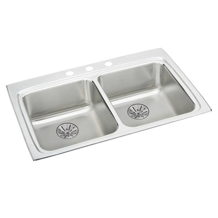 Kitchen Sink Lustertone Classic 33 x 22 Inch Double Bowl Equal with Perfect Drain ADA Lustrous Satin Drop-In Rectangle Drain Location Rear Center Depth 6-1/2 Inch Bottom Only Pads - Frankwebs