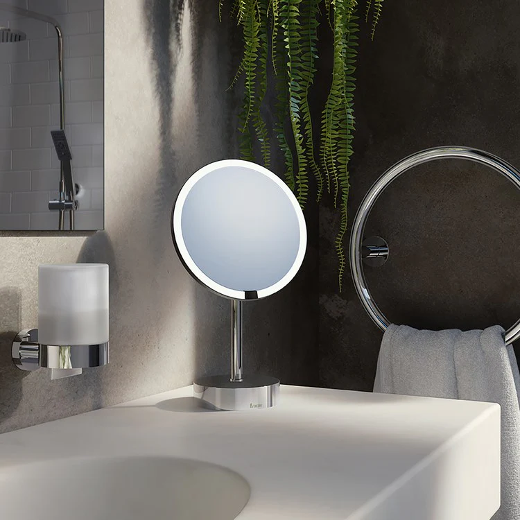 Shaving/Make Up Mirror Freestanding with LED Light Polished Chrome Round Framed 215 Millimeter - Frankwebs