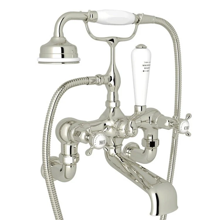 Tub Filler Edwardian Exposed Wall Mount with Handshower 7-7/8 Inch Spread 3 Cross/Lever Fixed Spout Polished Chrome - Frankwebs