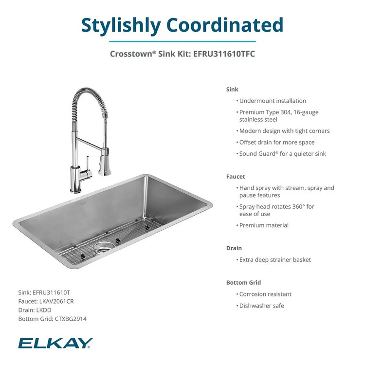 Kitchen Sink Crosstown 32.5 x 18 Inch Single Bowl Kit with Faucet 1 Hole Polished Satin Undermount - Frankwebs