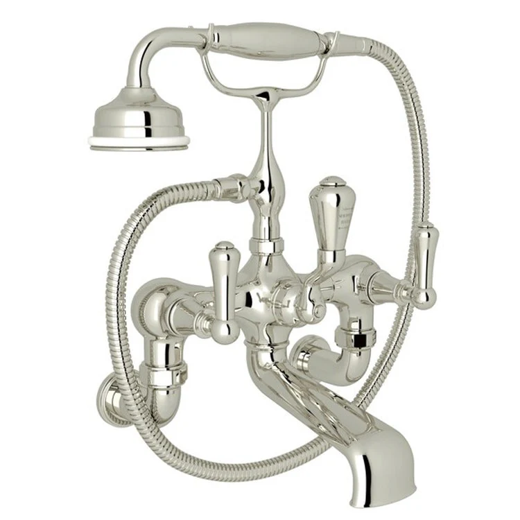 Tub Filler Georgian Era Exposed Wall Mount with Handshower 8 Inch Spread 3 Lever Fixed Spout English Gold - Frankwebs