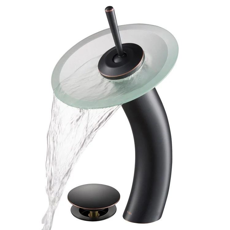 Tall Waterfall Bathroom Faucet for Vessel Sink with Frosted Glass Disk and Pop-Up Drain - Frankwebs