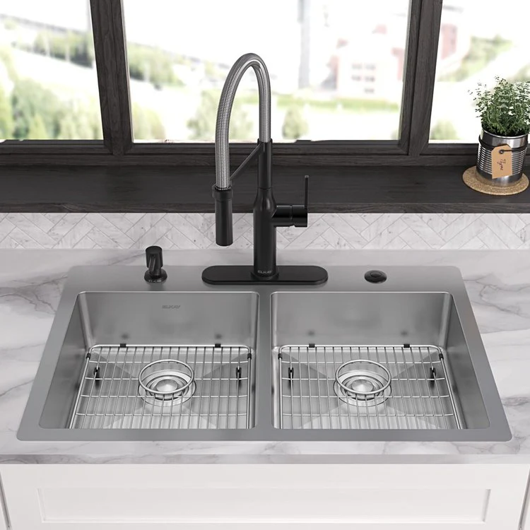 Kitchen Sink Crosstown 33 x 22 Inch Double Bowl Equal Kit 5 Hole ADA Polished Satin Drop-In Undermount Rectangle Drain Location Rear Center Depth 6 Inch Sound Guard Slim Rim - Frankwebs