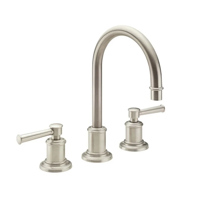 Lavatory Faucet Miramar Widespread 8 Inch Spread 2 Lever ADA Satin Nickel 1.2 Gallons per Minute ZeroDrain Pop Down Style Drain Completely Finished with 2-1/4 Inch Diameter Flange Spout Height 5-5/16 Inch Spout Reach 6 Inch - Frankwebs