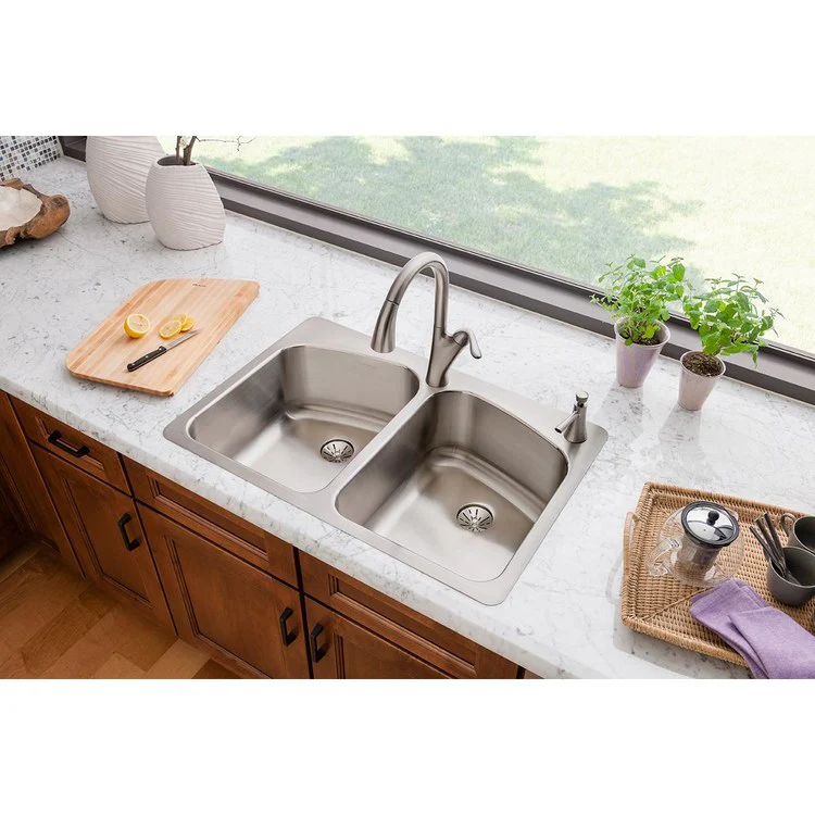 Kitchen Sink Lustertone Classic 33 x 22 Inch Double Bowl Equal with Perfect Drain 2L Hole Lustrous Satin Drop-In Stainless Steel Undermount Rear Drain Location Center Sides and Bottom Pads - Frankwebs