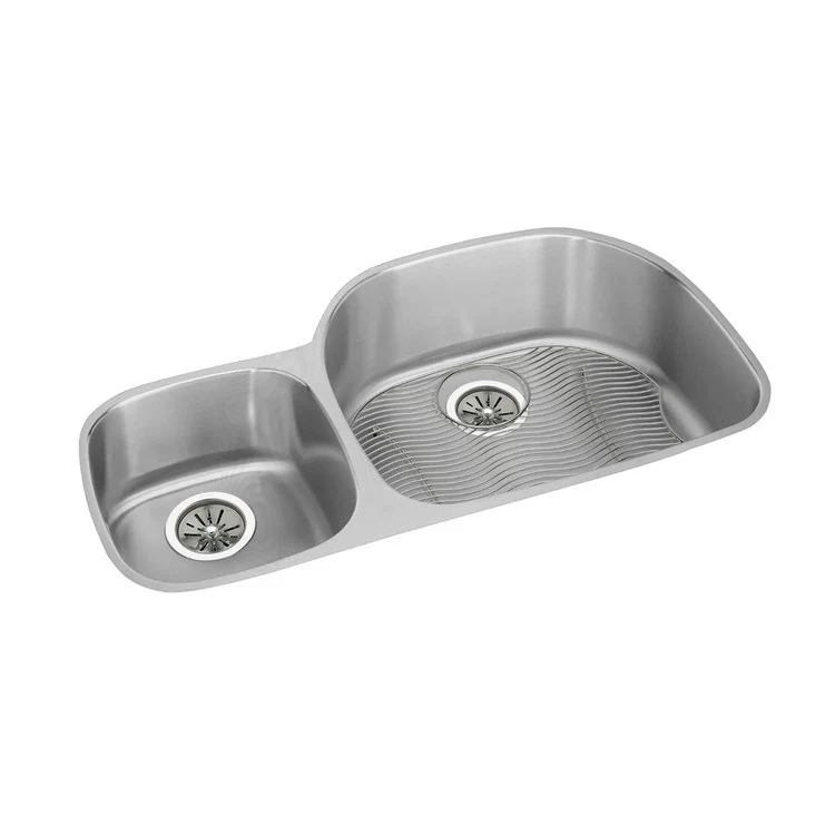 Sink Kit Lustertone Classic Offset 40/60 36.25 x 21.125 Inch Double Bowl Lustrous Satin One LKWOBG2118SS Bottom Grid One LK99 Drain 10 Inch - Frankwebs