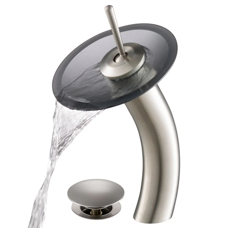 Tall Waterfall Bathroom Faucet for Vessel Sink with Frosted Black Glass Disk and Pop-Up Drain - Frankwebs