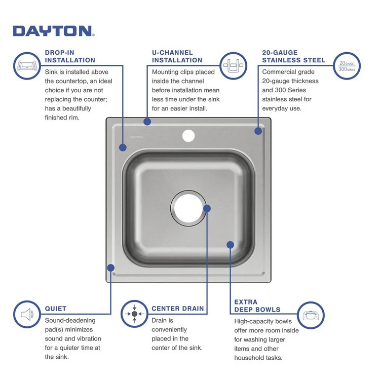 Kitchen Sink Dayton 20 x 20 Inch Single Bowl Laundry 1 Hole Premium Highlighted Satin Drop-In - Frankwebs