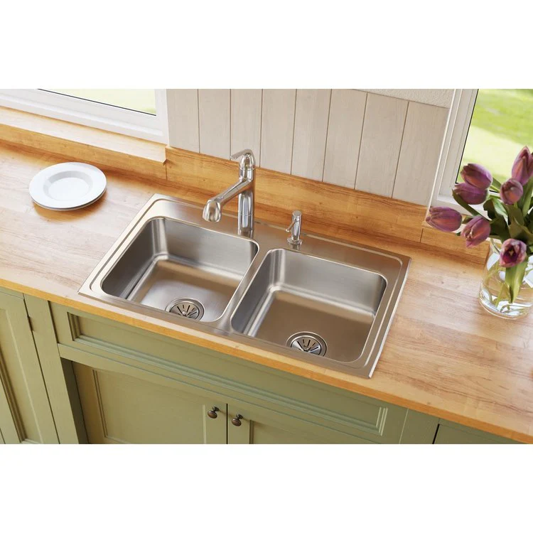 Kitchen Sink Lustertone Classic 33 x 19.5 Inch Double Bowl Equal MR2 Hole Lustrous Satin Drop-In Stainless Steel Drain Location Center Bottom Only Pads - Frankwebs