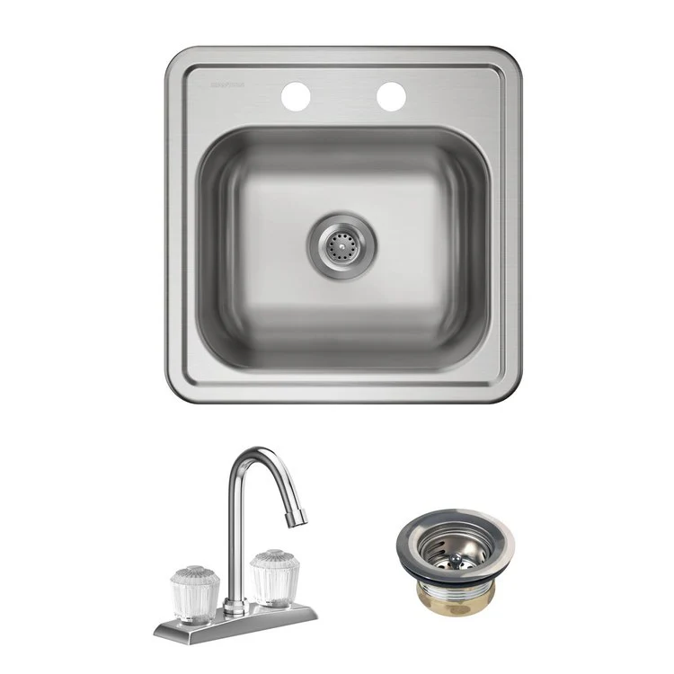 Bar Sink Kingsford 15 x 15 Inch Single Bowl Faucet Kit with Drain Opening 2 Hole Satin Drop-In Square Drain Size 2 Inch - Frankwebs