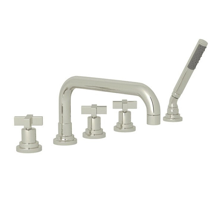 Tub Filler Lombardia Deck Mount with Handshower 3 Cross U-Spout Unlacquered Brass - Frankwebs