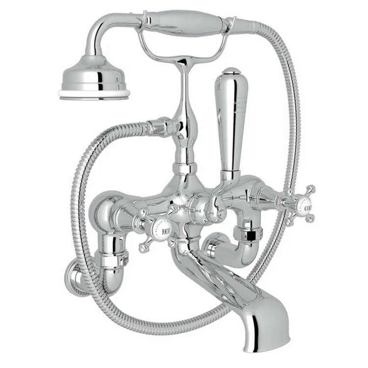Tub Filler Georgian Era Exposed Wall Mount with Handshower 8 Inch Spread 3 Cross/Lever Fixed Spout Polished Chrome - Frankwebs