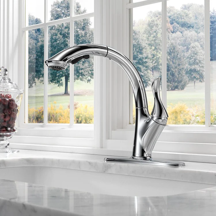 Linden Single Handle High Arc Pull Out Kitchen Faucet with Multi-Flow Technology - Frankwebs