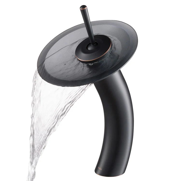 Tall Waterfall Bathroom Faucet for Vessel Sink with Frosted Black Glass Disk - Frankwebs