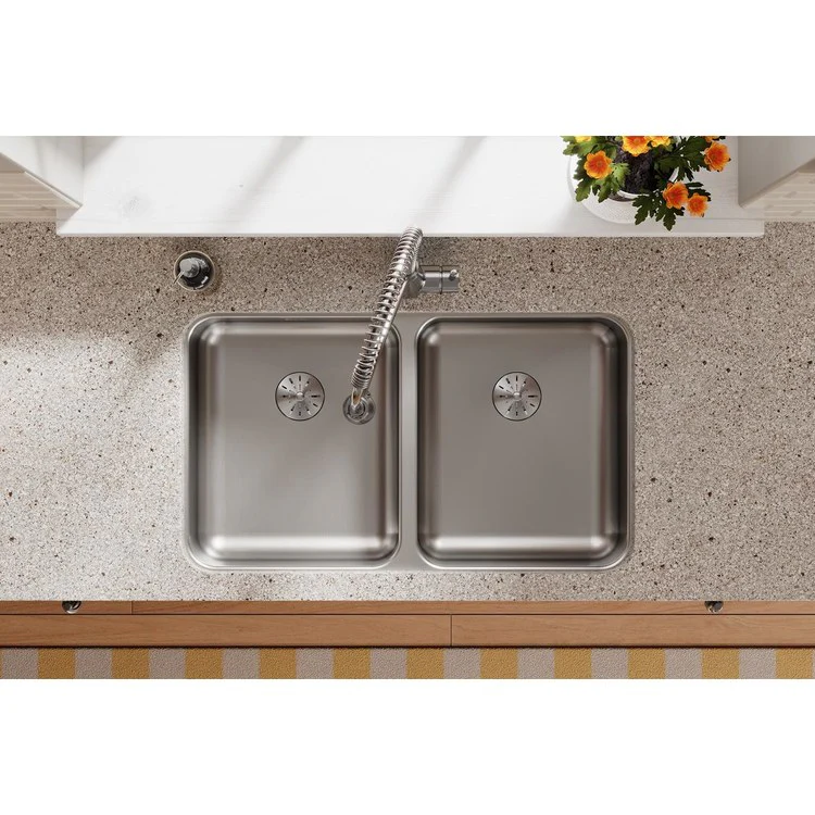 Kitchen Sink Lustertone Classic 30.75 x 18.5 Inch Double Bowl with Perfect Drain ADA Lustrous Satin Undermount Rectangle Drain Location Rear Center Depth 5-3/8 Inch Bottom Only Pads - Frankwebs
