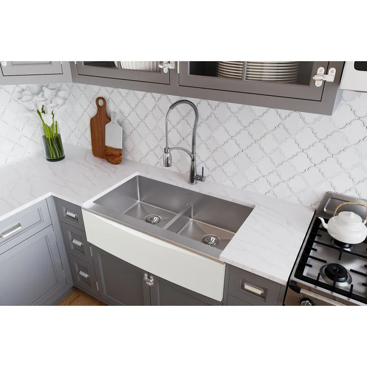 Kitchen Sink Crosstown 36 x 20.25 Inch Double Bowl with Aqua Divide Polished Satin Farmhouse - Frankwebs