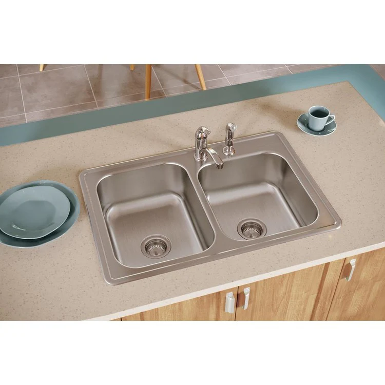 Kitchen Sink Dayton 33 x 22 Inch Double Bowl Offset 2 Hole Satin Drop-In - Frankwebs