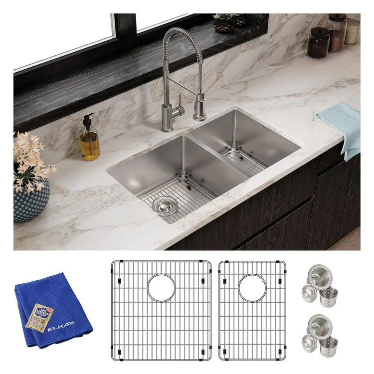 Kitchen Sink Crosstown 31.5 x 18.5 Inch Double Bowl 60/40 Kit Polished Satin Undermount - Frankwebs