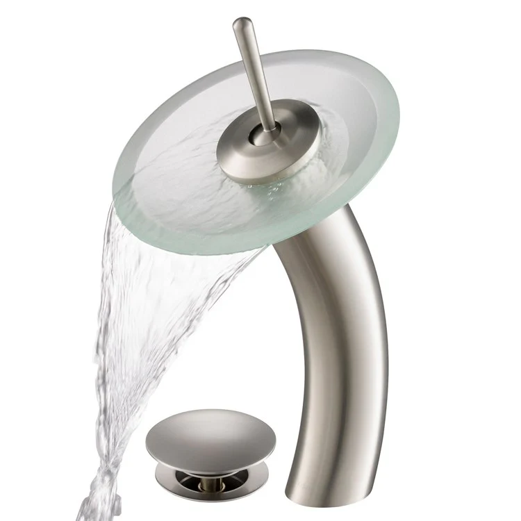 Tall Waterfall Bathroom Faucet for Vessel Sink with Frosted Glass Disk and Pop-Up Drain - Frankwebs