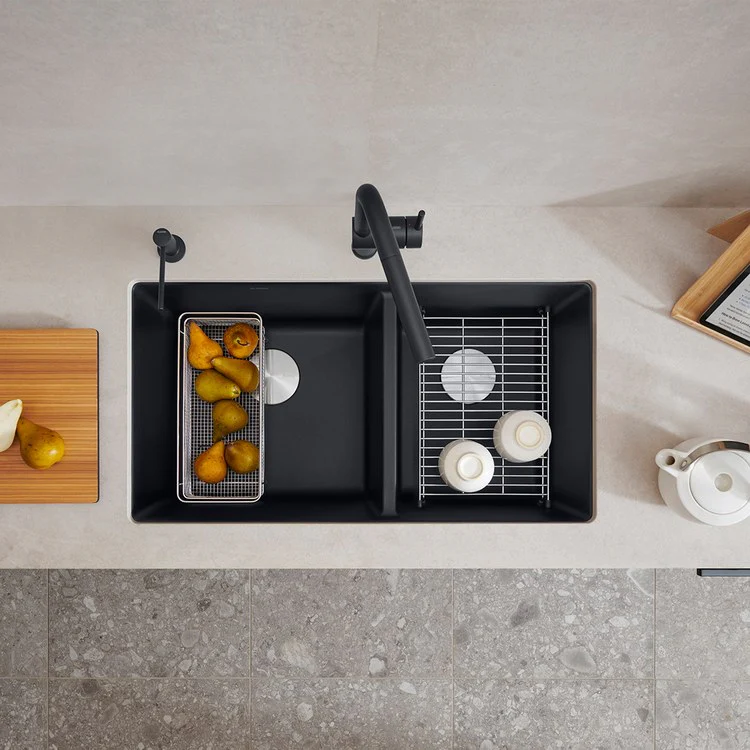 Kitchen Sink Precis 33 x 18 Inch Double Bowl 1-3/4 Bowl Coal Black Undermount Rectangle Silgranit - Frankwebs