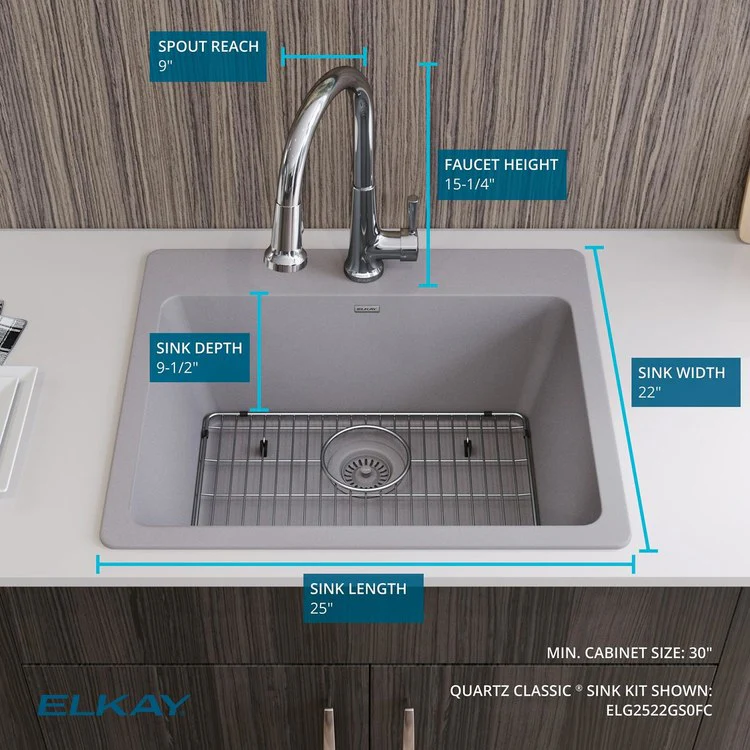 Kitchen Sink Quartz Classic 25 x 22 Inch Single Bowl Sink Kit with Faucet White Drop-In - Frankwebs