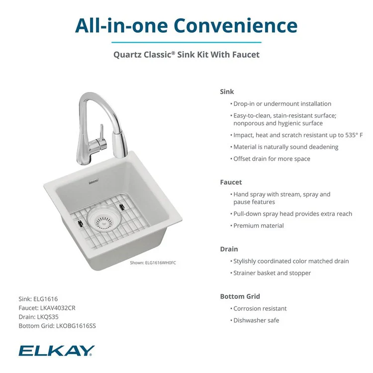 Kitchen Sink Quartz Classic 16 x 16 Inch Single Bowl Bar Kit with Faucet Greystone Drop-In Undermount - Frankwebs