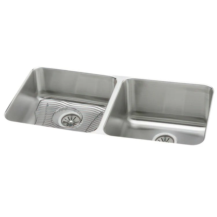 Kitchen Sink Lustertone Classic 30.75 x 18.5 Inch Depth 7-7/8 and 10 Inch Double Bowl Equal Kit Lustrous Satin Undermount Drain Location Rear Center - Frankwebs