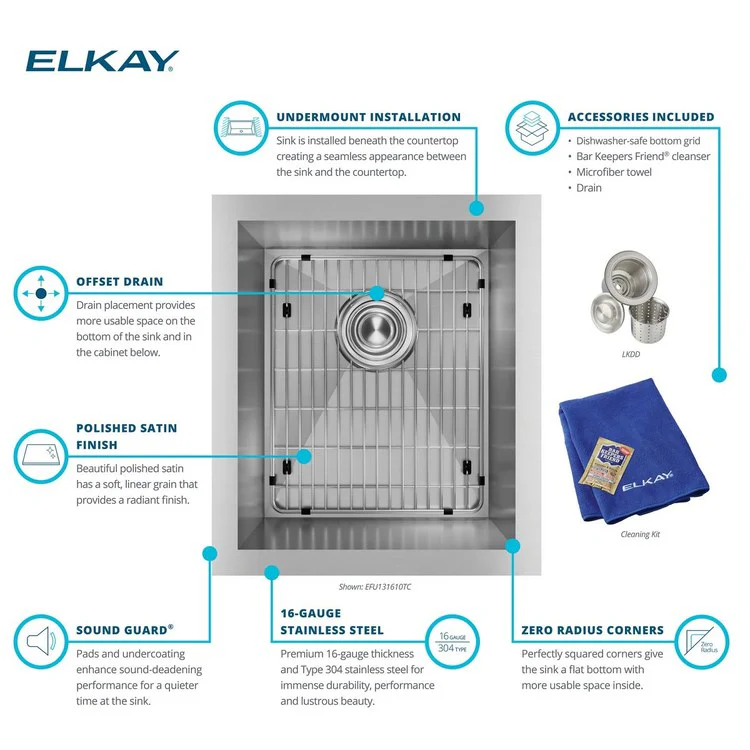 Sink Kit Crosstown 16 x 18.5 Inch Single Bowl Polished Satin Bottom Grid Strainer Drain Cleanser Towel Cloth Bag - Frankwebs