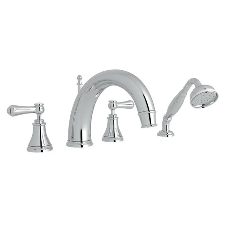 Tub Filler Georgian Era Deck Mount with Handshower 2 Porcelain Lever High Neck Fixed C-Spout Polished Chrome - Frankwebs