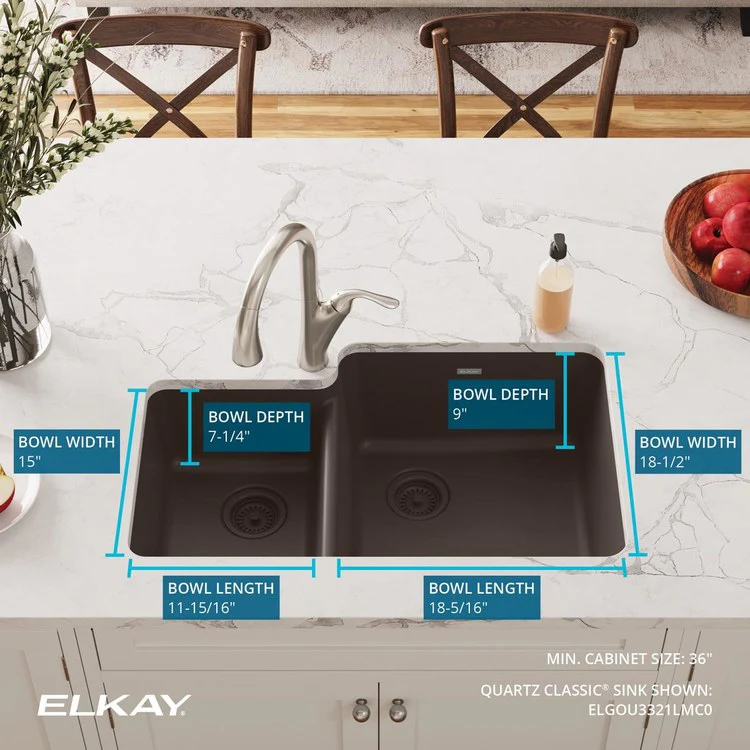 Kitchen Sink Quartz Classic 33 x 20.5 Inch Double Bowl Offset Mocha Undermount 9 Inch - Frankwebs