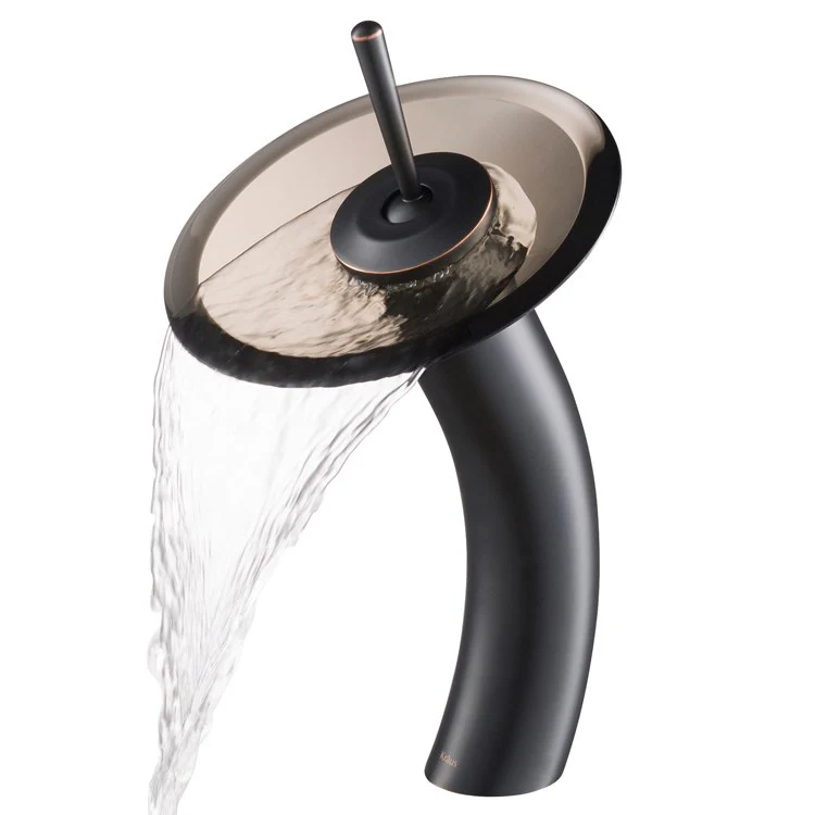 Tall Waterfall Bathroom Faucet for Vessel Sink with Clear Brown Glass Disk - Frankwebs
