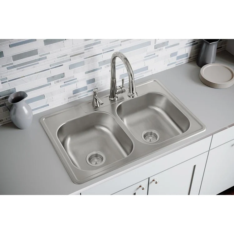 Kitchen Sink Dayton 33 x 22 Inch Double Bowl 2 Hole ADA Satin Drop-In Rectangle Drain Location Center Depth 6-4/7 Inch Multiple of 10 Bottom Only Pads - Frankwebs