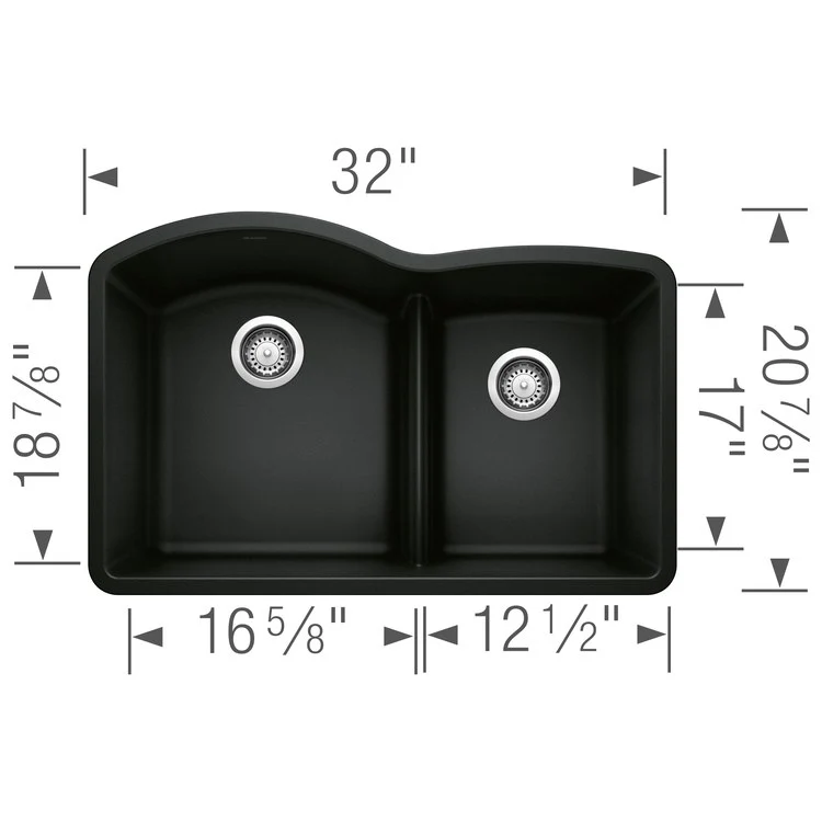 Kitchen Sink Diamond 32 x 21 Inch Double Bowl 1-3/4 Bowl with Low Divide Coal Black Undermount - Frankwebs