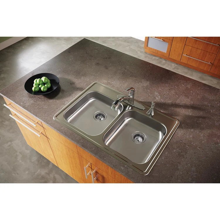Kitchen Sink Dayton 33 x 22 Inch Double Bowl Equal 4 Hole ADA Satin Drop-In Rectangle Drain Location Rear Center Depth 5-3/8 Inch Bottom Only Pads - Frankwebs