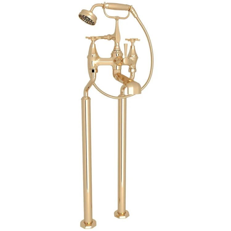 Tub Filler Deco Exposed Floor Mount with Handshower 6-10 Inch Spread 3 Cross/Lever Polished Gold - Frankwebs