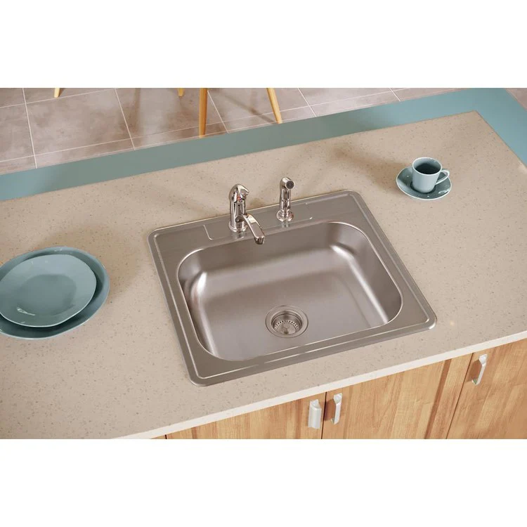 Kitchen Sink Dayton 25 x 22 Inch Single Bowl 2 Hole ADA Satin Top Mount Rectangle Drain Location Center Depth 6 Inch Multiple of 10 Bottom Only Spray - Frankwebs