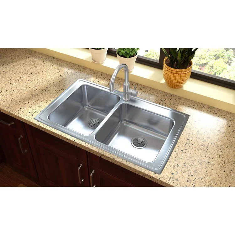 Kitchen Sink Lustertone Classic 37 x 22 Inch Double Bowl Offset 2 Hole Lustrous Satin Drop-In - Frankwebs