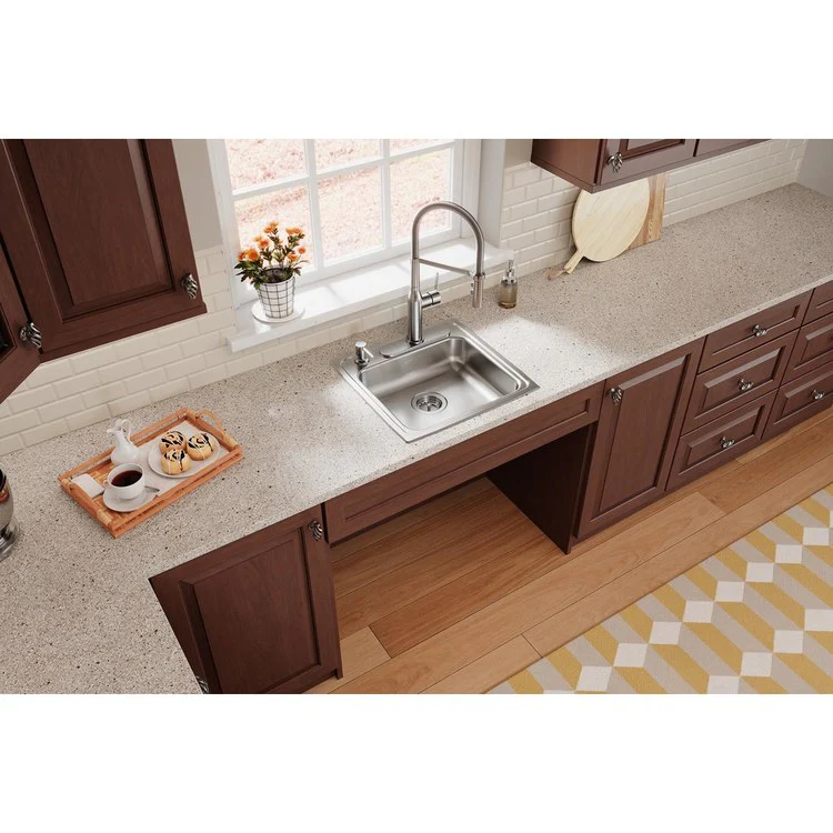 Kitchen Sink Lustertone Classic 19.5 x 19 Inch Single Bowl OS4 Hole ADA Lustrous Satin Drop-In Rectangle Drain Location Rear Center Depth 5 Inch Bottom Only Pads - Frankwebs