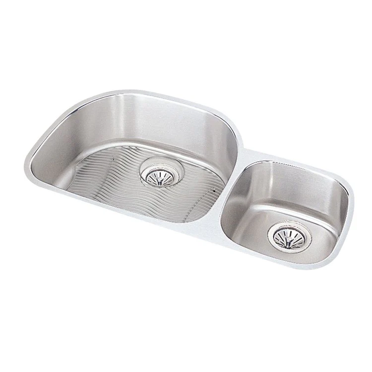 Sink Kit Lustertone Classic Offset 60/40 36.25 x 21.125 Inch Double Bowl Lustrous Satin One LKWOBG2118SS Bottom Grid One LK99 Drain - Frankwebs