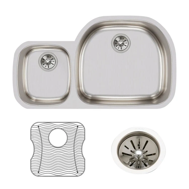 Sink Kit Lustertone Classic Offset 40/60 36.25 x 21.125 Inch Double Bowl Lustrous Satin One LKWOBG2118SS Bottom Grid One LK99 Drain 7-1/2 Inch - Frankwebs