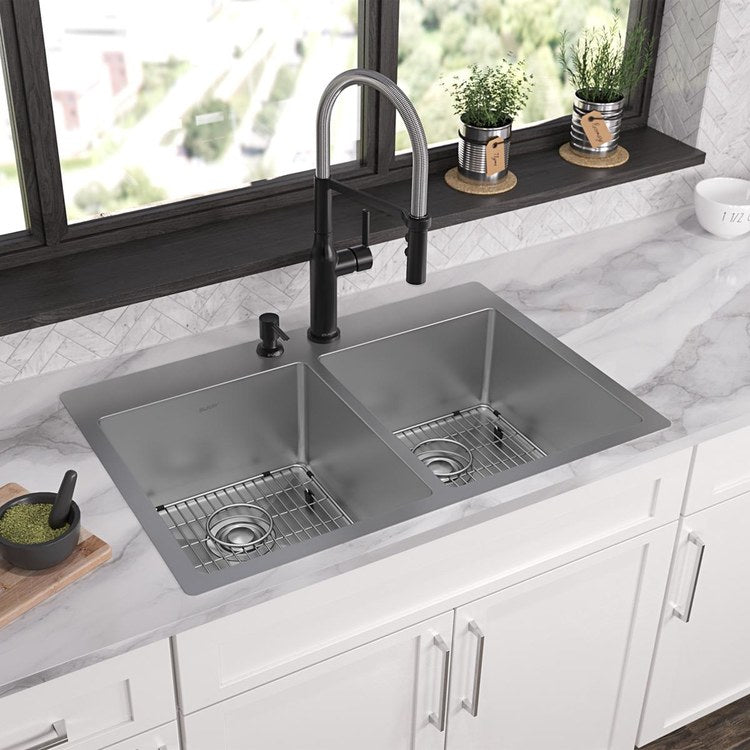 Kitchen Sink Crosstown 33 x 22 Inch Double Bowl Equal Kit 2 Hole Polished Satin Drop-In Undermount - Frankwebs