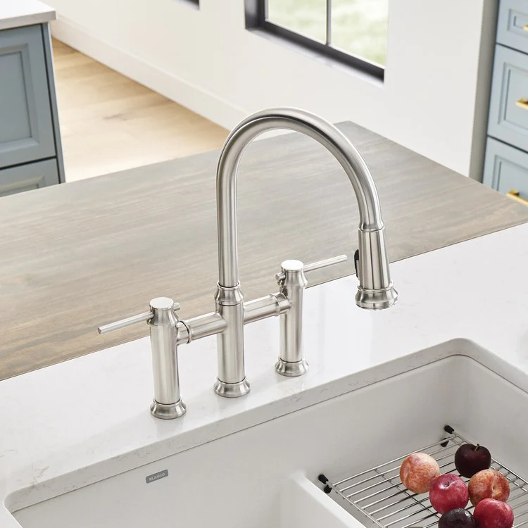 Empressa Two Handle Bridge Kitchen Faucet with Pull Down Sprayer - Stainless Steel - Frankwebs