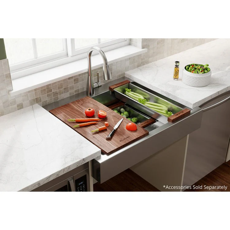 Kitchen Sink Dart Canyon 33 x 27.25 Inch Single Bowl Workstation ADA Polished Satin Farmhouse Rectangle Drain Location Rear Center Depth 9-2/3 Inch Full Spray Sides and Bottom with Sides and Bottom Pads Work Shelf - Frankwebs
